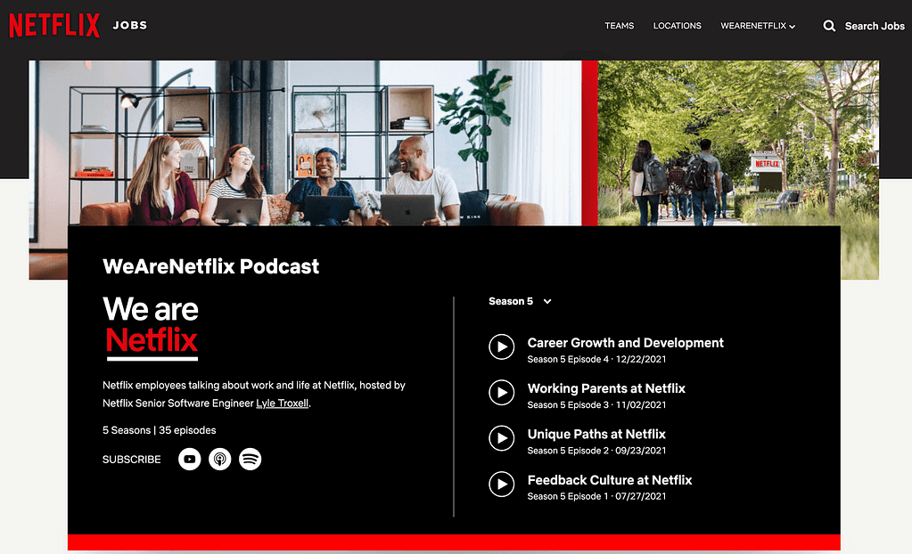 Netflix Realistic Job Preview Example: image showing's Netflix's careers page.