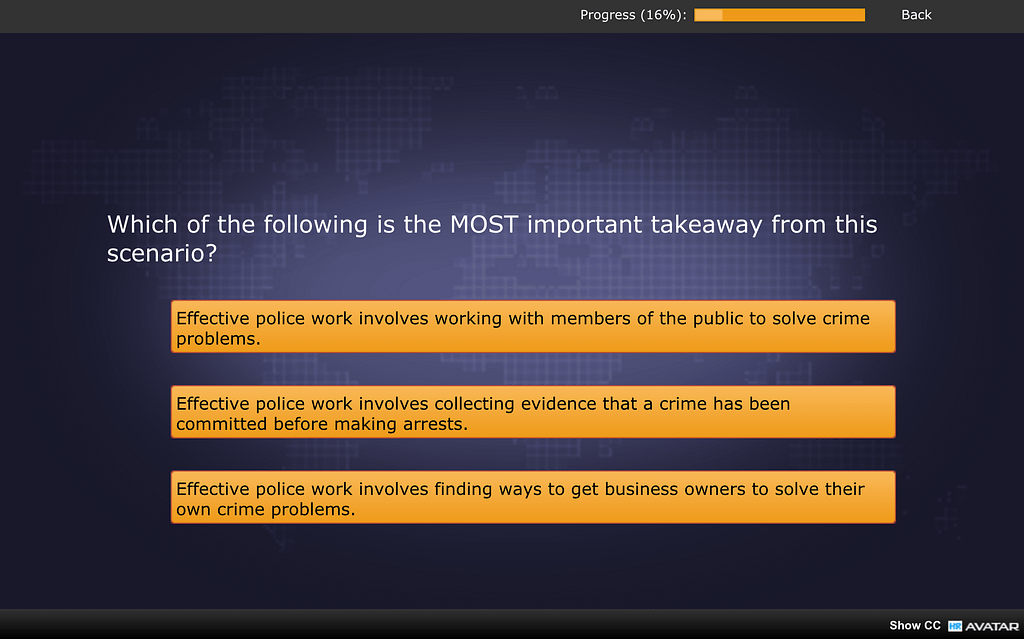 Example of a multi-choice question after watching a Realistic Job Preview  style Work Simulation.
