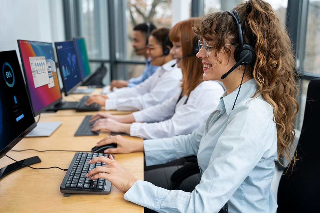A photograph of call center employees at work
