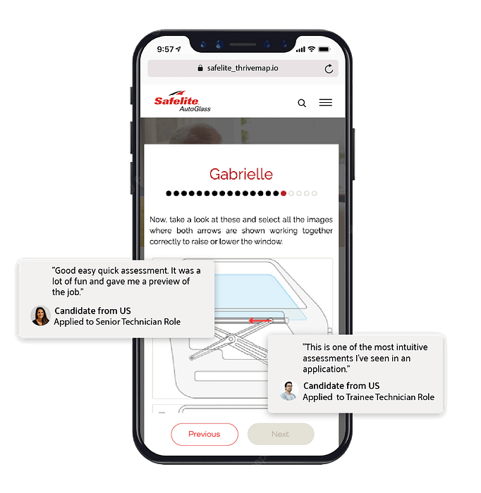 An example assessment being taken on a mobile phone. The phone is accompanied by two quotes. The first says ‘Good easy quick assessment. It was a lot of fun and gave me a preview of the job.' The second says: 'This is one of the mosy intuitive assessments I've seen in an application".